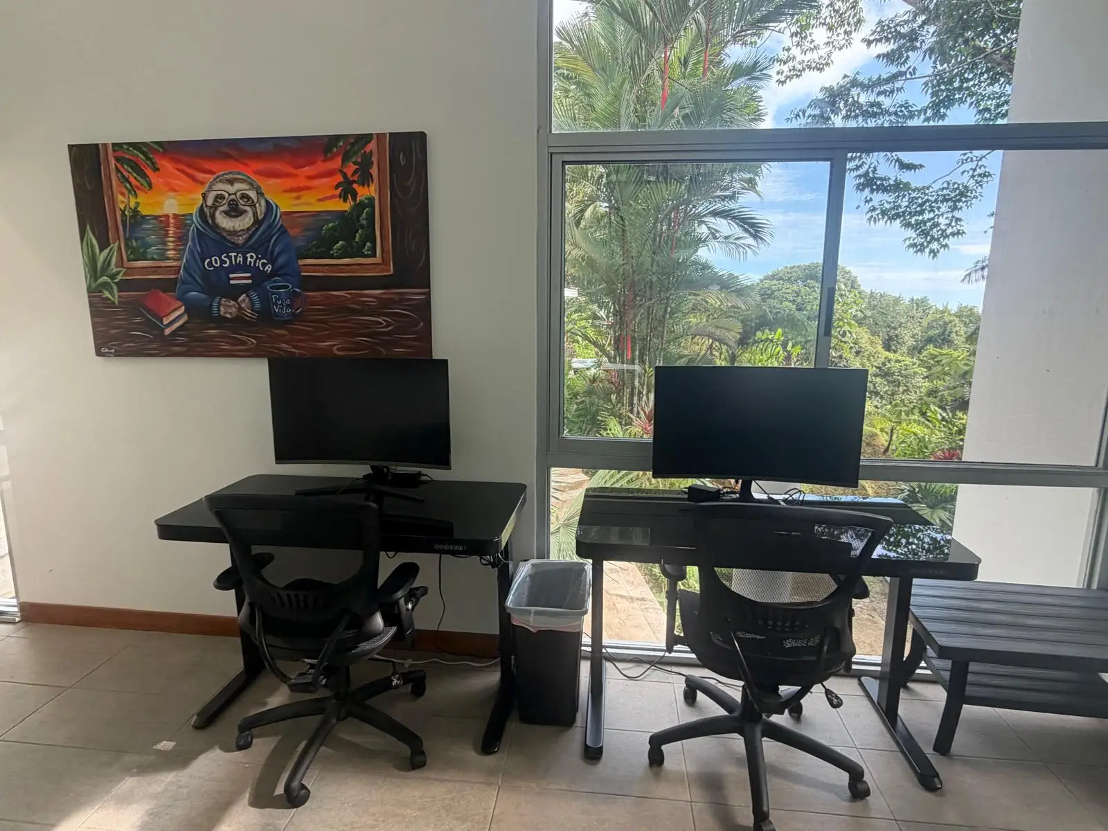 The office, two desks with monitors and chairs facing a window onto the garden